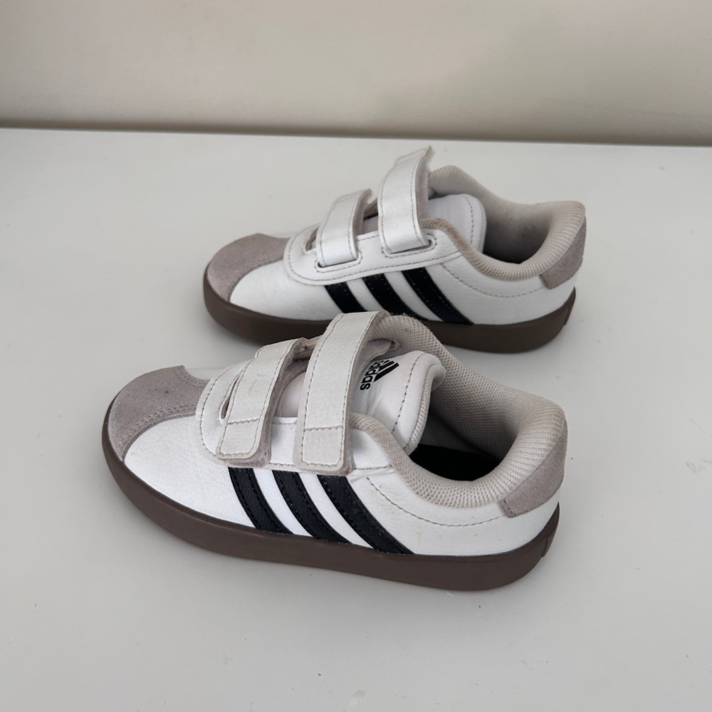 Kids White Adidas Sneakers with Brown Trim